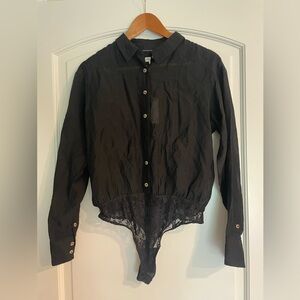 Pilcro Anthropologie Black Button-Front Bodysuit Blouse with Collar